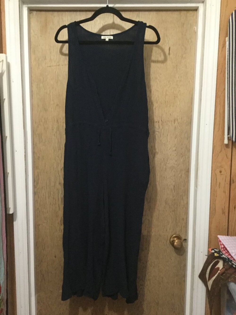 Rag Poet navy cropped jumpsuit size large made from a crinkled fabric 17 p2p